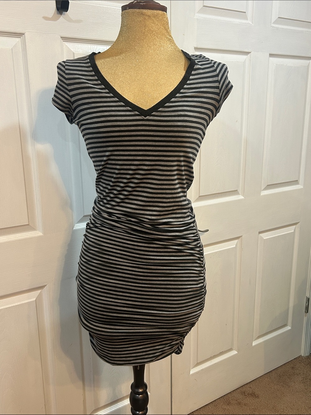 Athleta Black and Gray Striped V-Neck Mini Dress